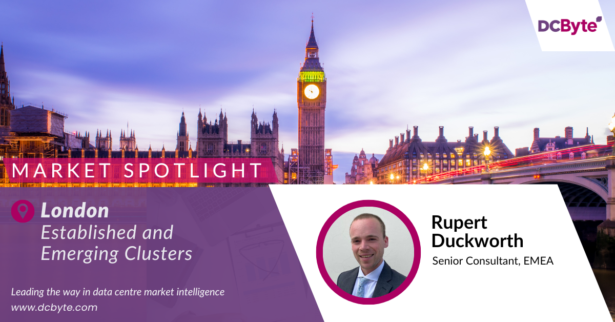 London skyline in the background with the headshot of analyst and a purple and white graphical element